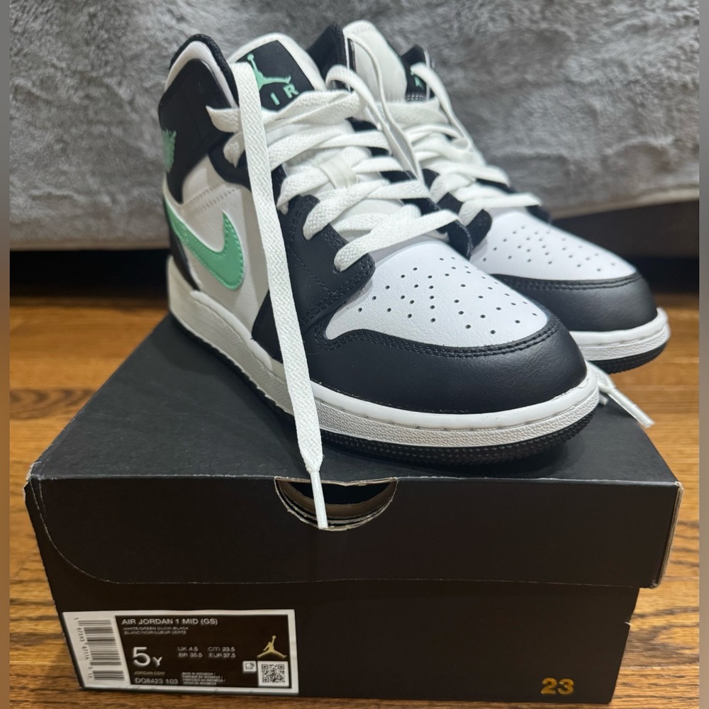 NIB Air Jordan 1 Mid (GS) in white/green glow-black, youth size 5